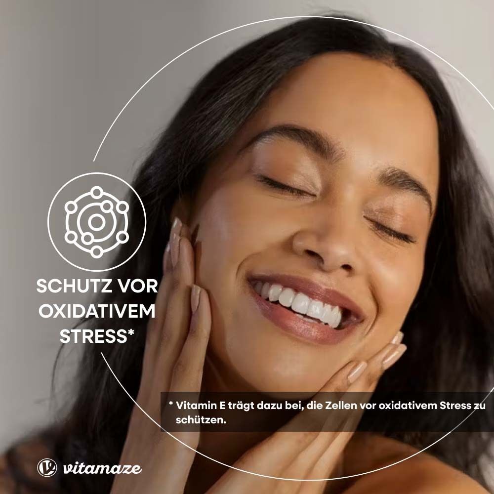 Frau mit geschlossenen Augen. Text: SCHUTZ VOR OXIDATIVEM STRESS. Vitamin E trägt dazu bei, die Zellen vor oxidativem Stress zu schützen.