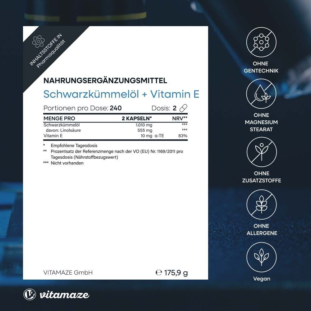 Nahrungsergänzungsmittel. Schwarzkümmelöl + Vitamin E. Informationen zu Inhaltsstoffen, Dosierung und Nährwerten. Ohne Gentechnik, Magnesiumstearat, Zusatzstoffe, Allergene.