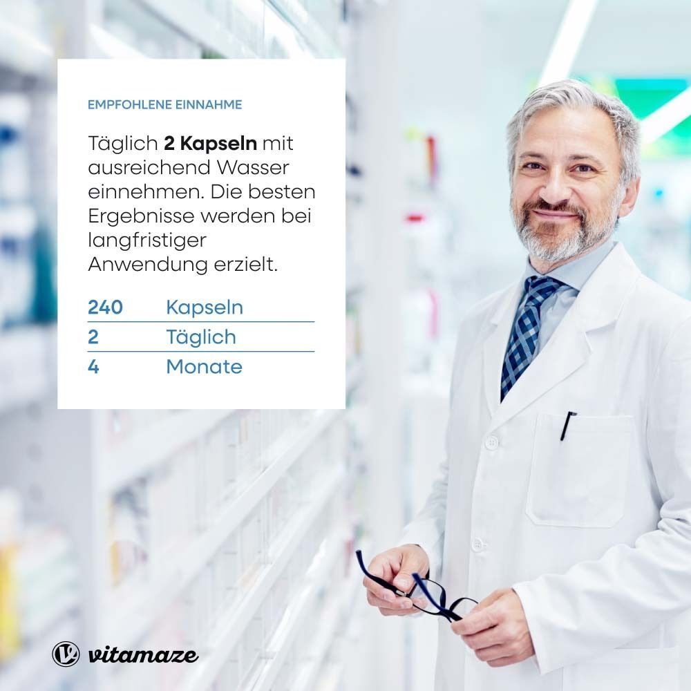 Arzt im weißen Kittel. Text: Empfohlene Einnahme: Täglich 2 Kapseln mit ausreichend Wasser. 240 Kapseln, 2 täglich, 4 Monate.