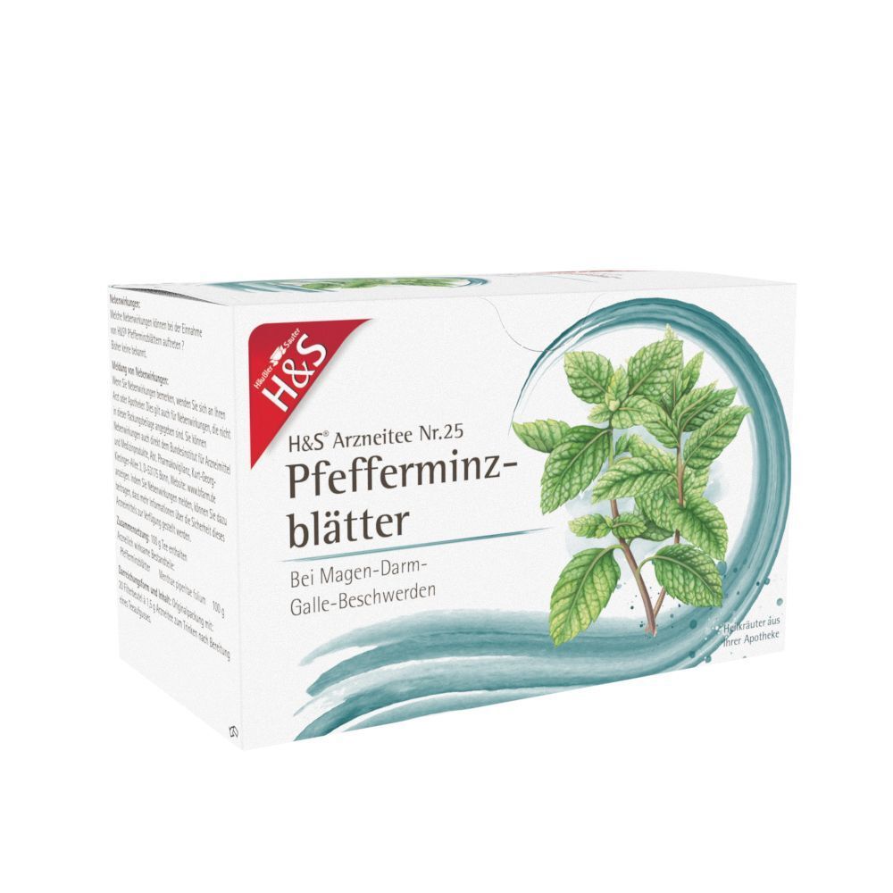 Eine Packung H&S Pfefferminzblätter Nr. 25 Tee mit detaillierter Beschreibung auf der Rückseite.