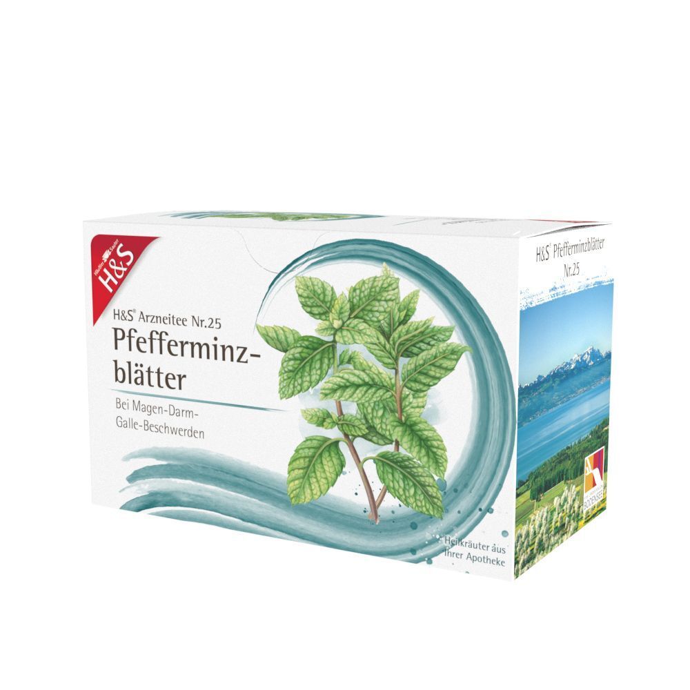 Eine Packung H&S Pfefferminzblätter Nr. 25 Tee mit Minzmotiv und Alpenlandschaft auf der Rückseite.