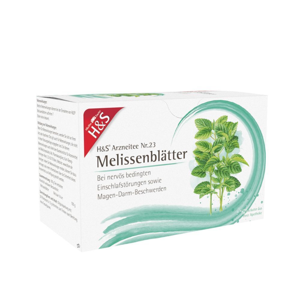 Eine Packung H&S Melissenblätter Nr. 23 Arzneitee mit grünen Blättern auf weißem Hintergrund.