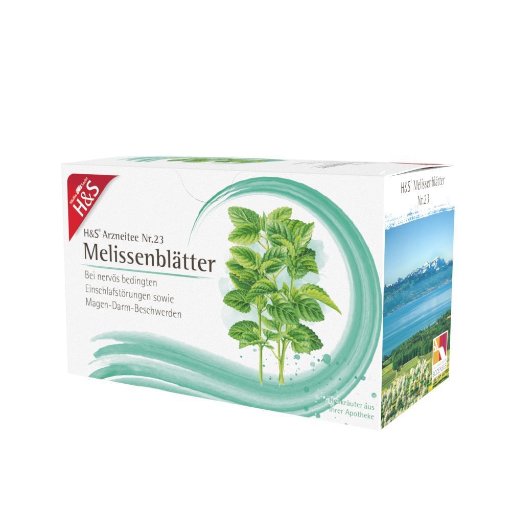 H&S Melissenblätter Nr. 23 Arzneitee Packung mit grünen Blättern und Berglandschaft auf der Seite.