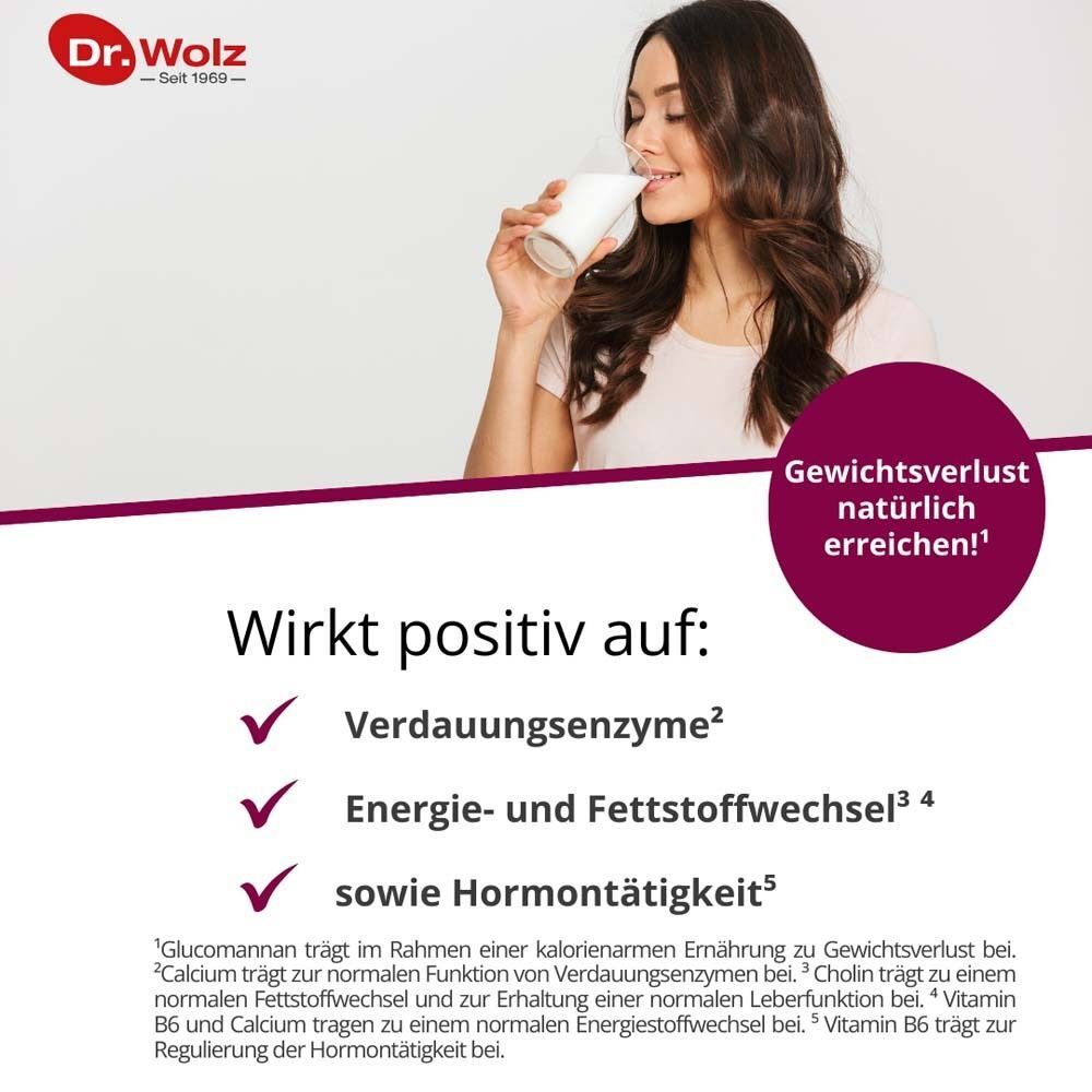 Frau trinkt aus einem Glas. Text: Gewichtsverlust natürlich erreichen. Wirkt positiv auf: Verdauungsenzyme, Energie- und Fettstoffwechsel, Hormontätigkeit.