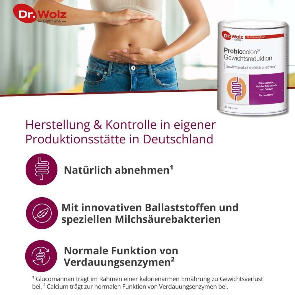 Frau mit Bauch. Dose PROBIOCOLON Gewichtsreduktion. Text: Natürlich abnehmen, mit innovativen Ballaststoffen und Milchsäurebakterien, normale Funktion von Verdauungsenzymen.