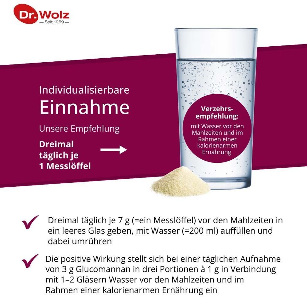 Glas mit Pulver und Wasser. Text: Individualisierbare Einnahme. Dreimal täglich 1 Messlöffel. Verzehrsempfehlung: mit Mahlzeiten und im Rahmen einer kalorienarmen Ernährung.
