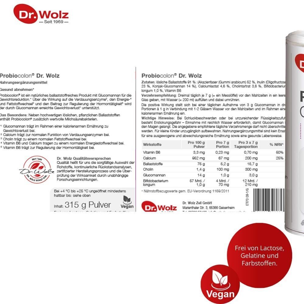 Dose PROBIOCOLON Gewichtsreduktion. Text: Vegan, frei von Lactose, Gelatine und Farbstoffen. Nährwerttabelle.