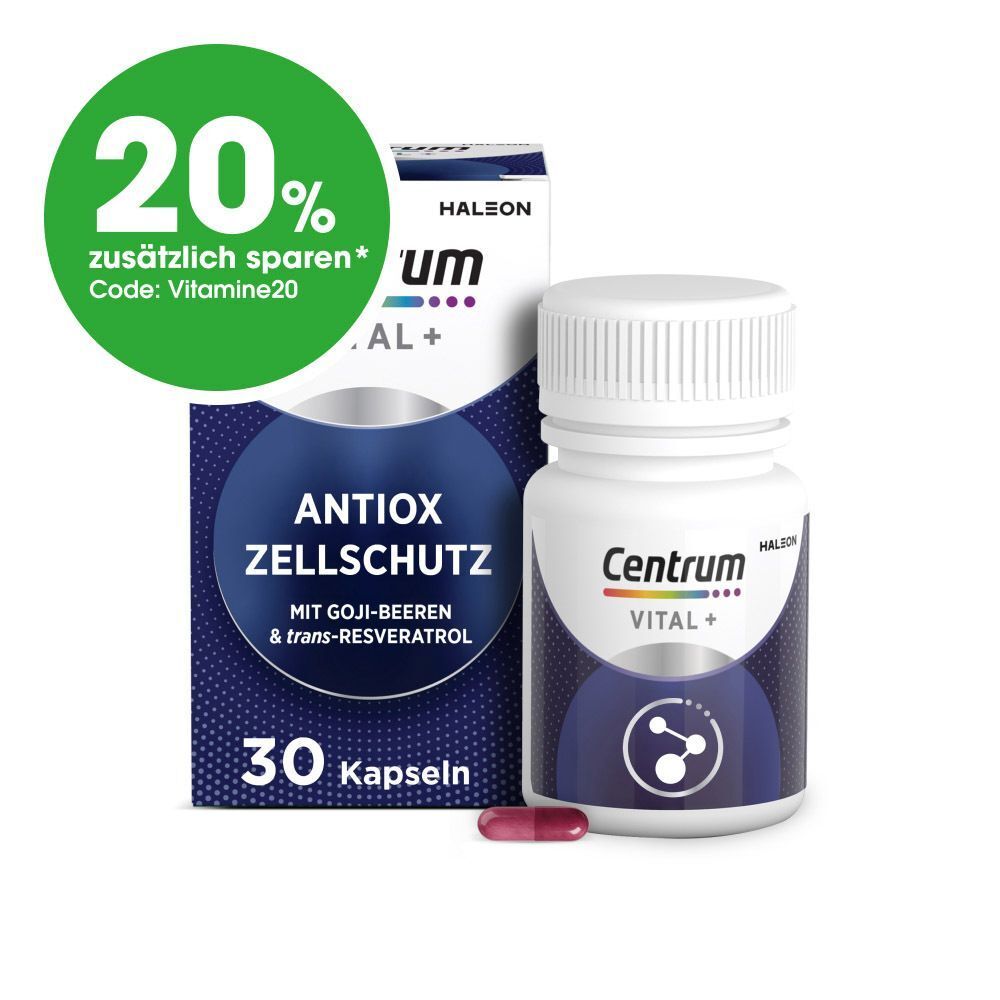 Centrum Vital+ Antiox Zellschutz Kapseln mit Flasche und Schachtel. 20% Rabatt-Aktion mit Code. Eine Kapsel liegt daneben.