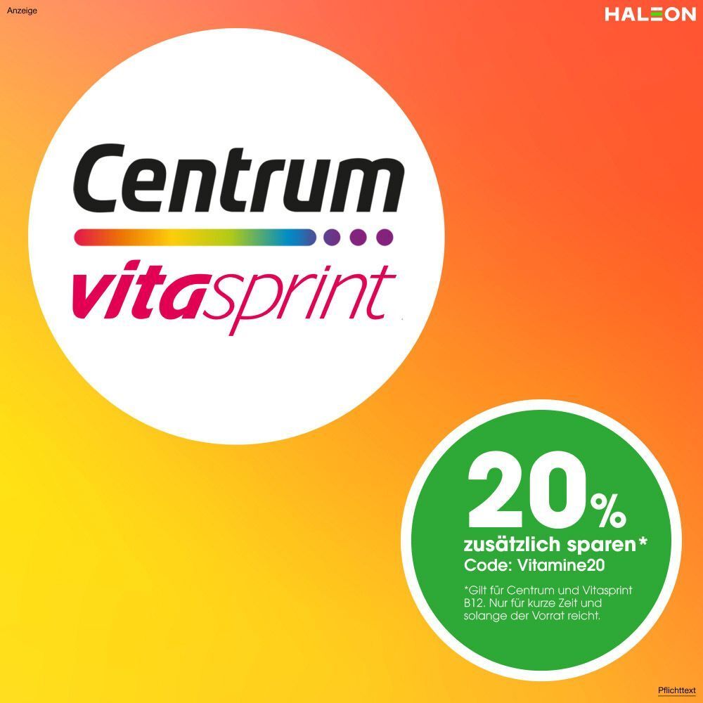 Centrum Vitasprint Logo mit Regenbogenfarben. 20% Rabatt-Aktion mit Code. Text: Gilt für Centrum und Vitasprint B12.
