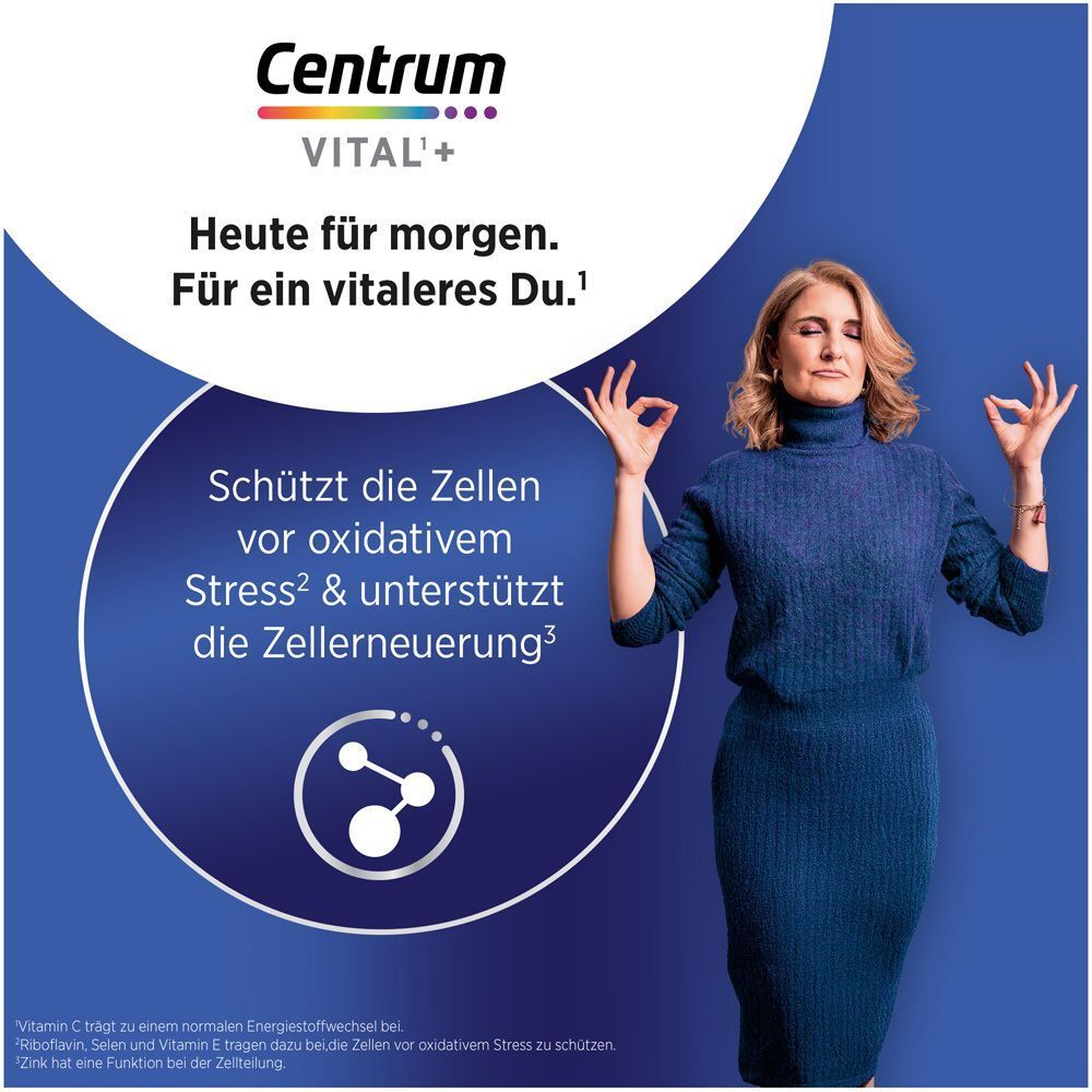 Frau in blauem Pullover mit geschlossenen Augen und Händen in Gebetshaltung. Text: Centrum Vital+ Heute für morgen. Für ein vitaleres Du.