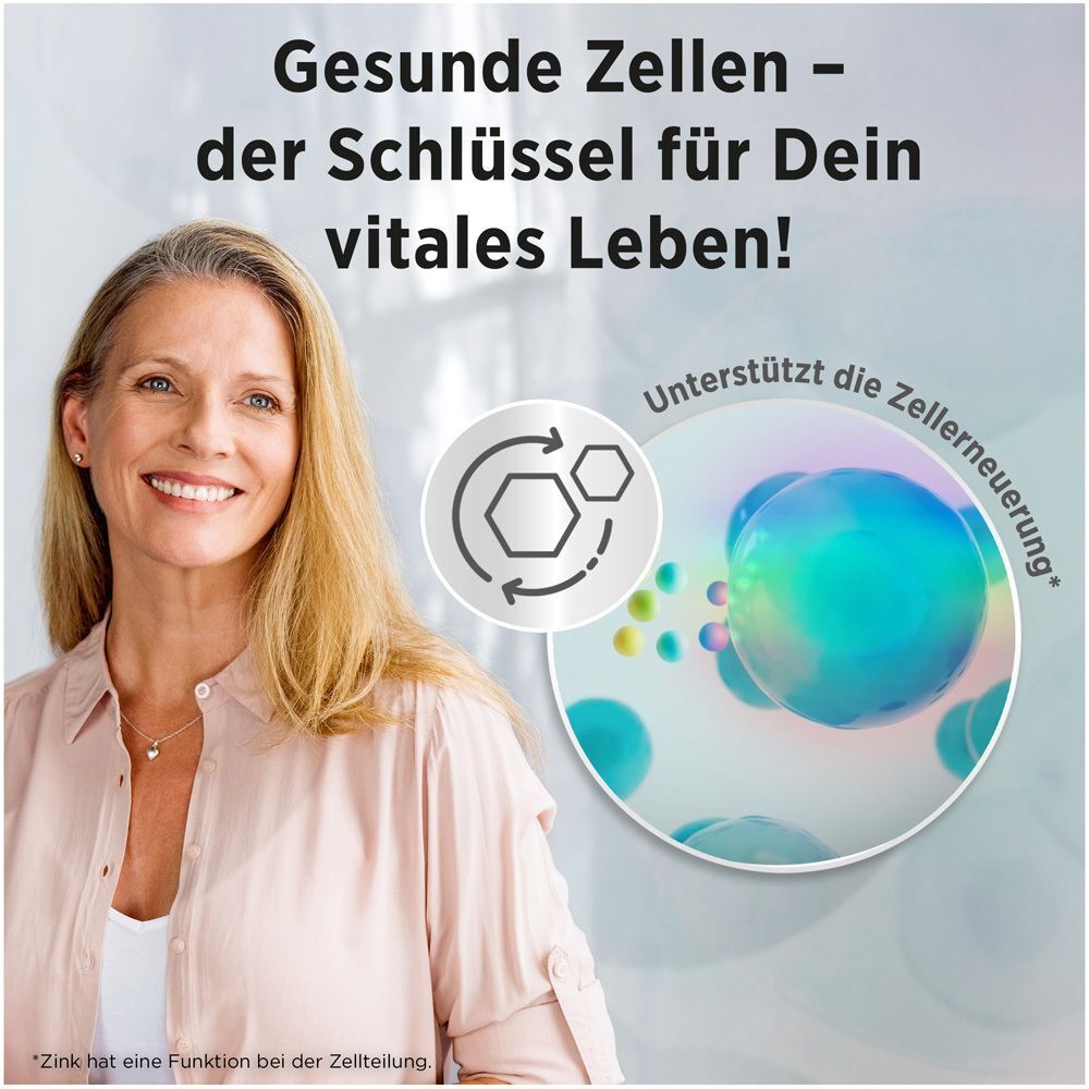 Frau lächelt. Text: Gesunde Zellen - der Schlüssel für Dein vitales Leben! Bild: Zellen und Kreislauf.