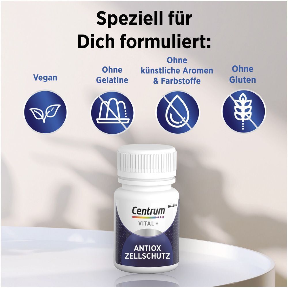 Flasche Centrum Vital+ mit Symbolen: Vegan, ohne Gelatine, ohne künstliche Aromen & Farbstoffe, ohne Gluten.