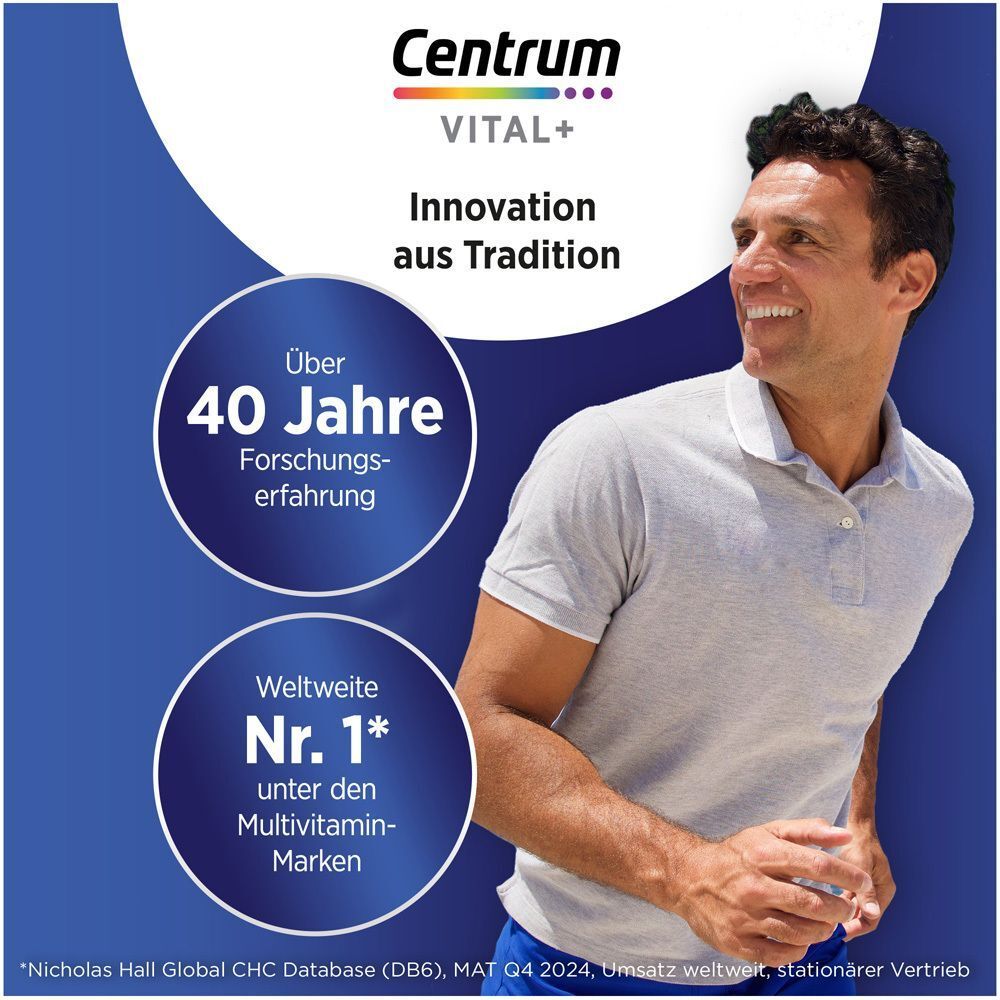 Mann lächelt. Text: Centrum Vital+ Innovation aus Tradition. Über 40 Jahre Forschungserfahrung. Weltweite Nr. 1 unter den Multivitamin-Marken.