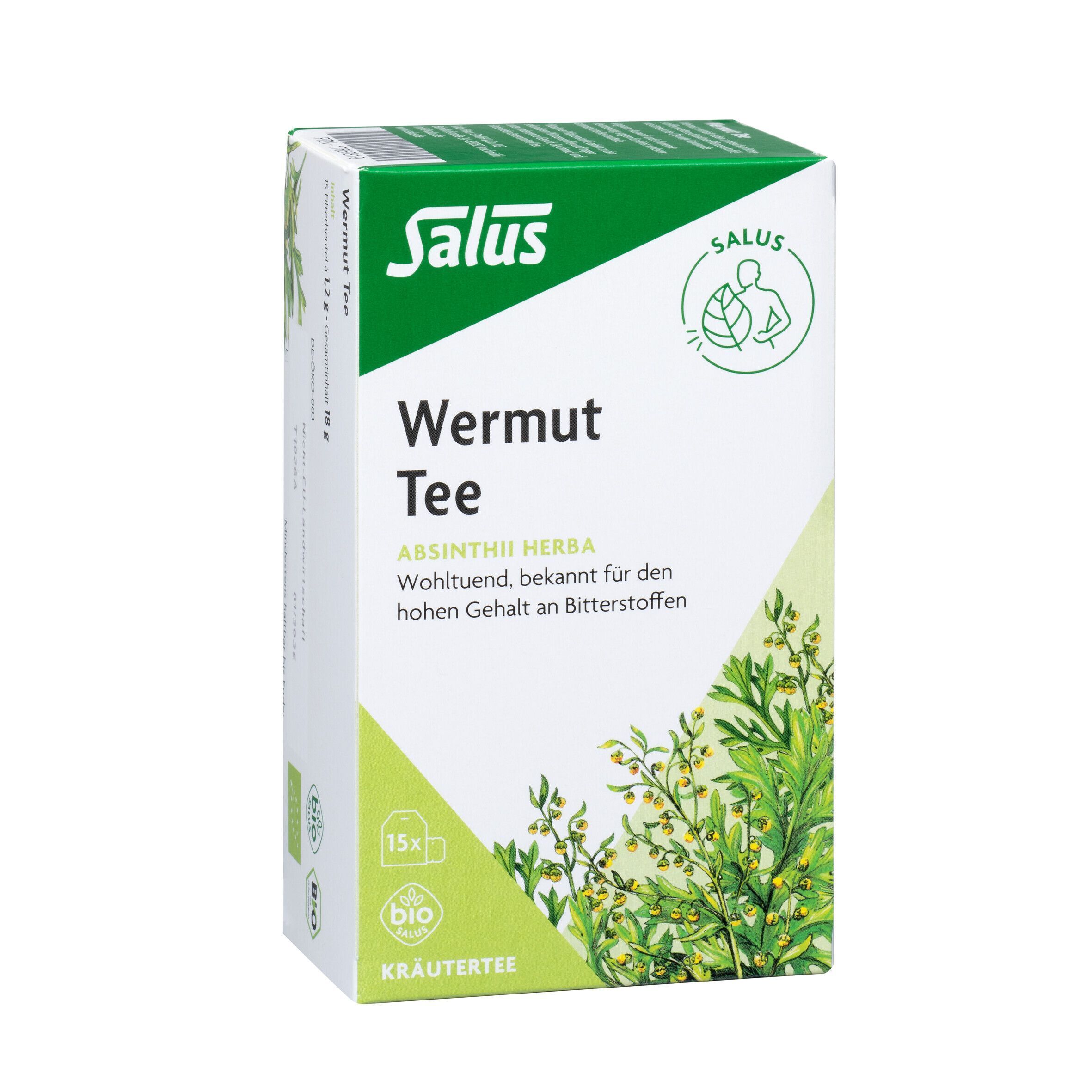 Eine Packung Salus Wermut Tee, Kräutertee, mit 15 Teebeuteln und Kräutern.