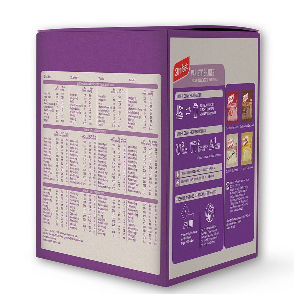 Slimfast Variety Shakes-Verpackung. Lila-weiße Box mit Nährwertangaben und Zubereitungshinweisen.