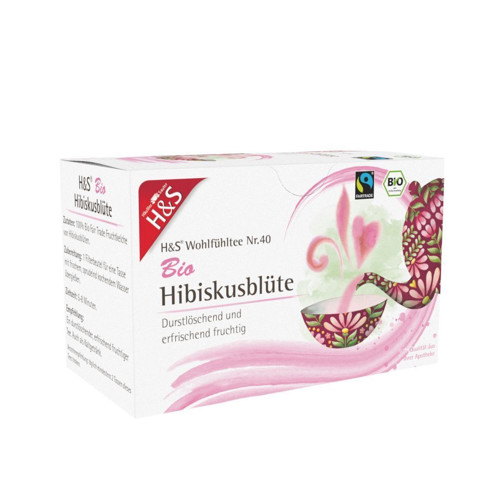 H&S Bio Hibiskusblüte Filterbeutel Packung. Aufdruck: Bio, Fairtrade. Rosa Blüten-Illustration.