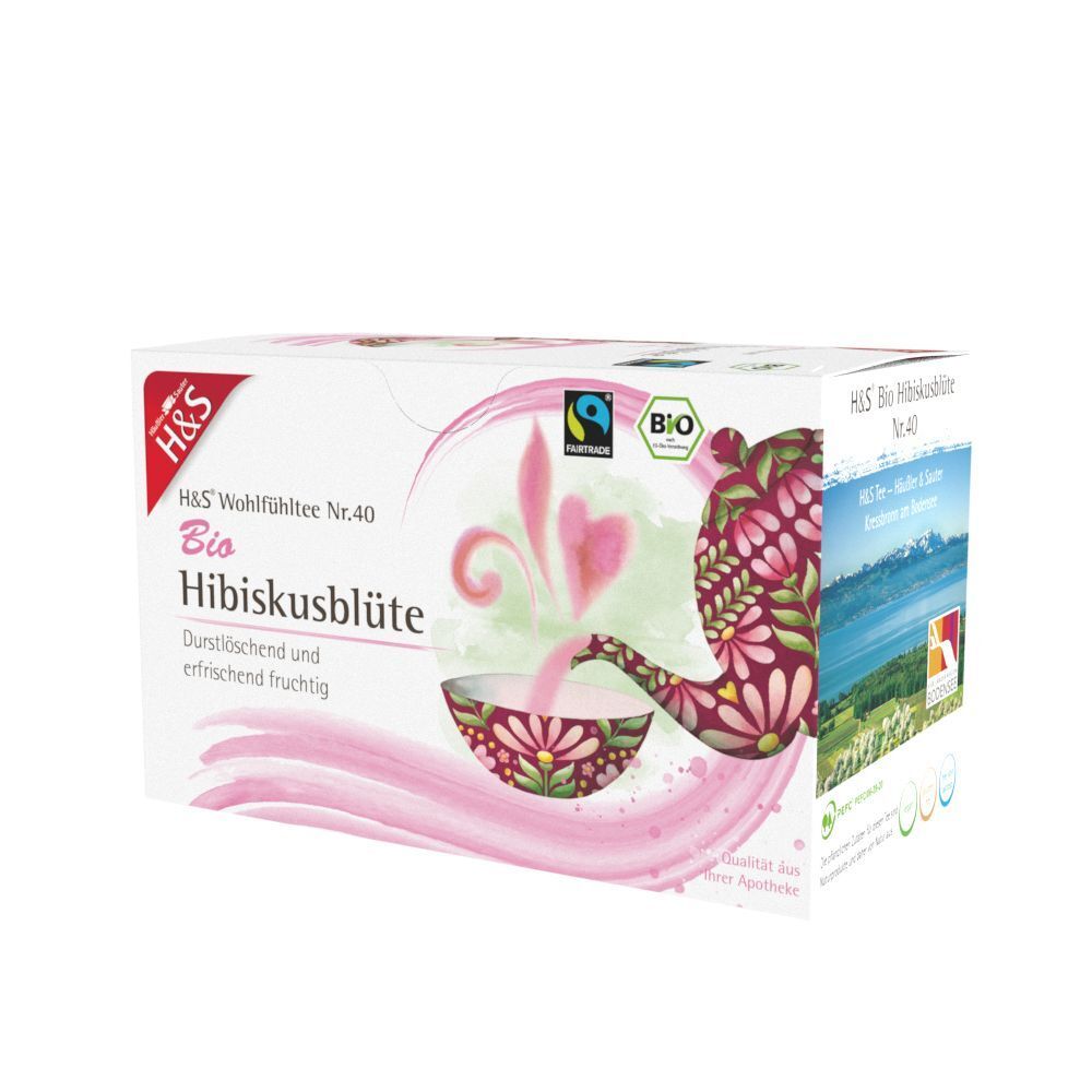 H&S Bio Hibiskusblüte Filterbeutel Packung. Aufdruck: Bio, Fairtrade. Rosa Blüten-Illustration. Mit Landschaft.