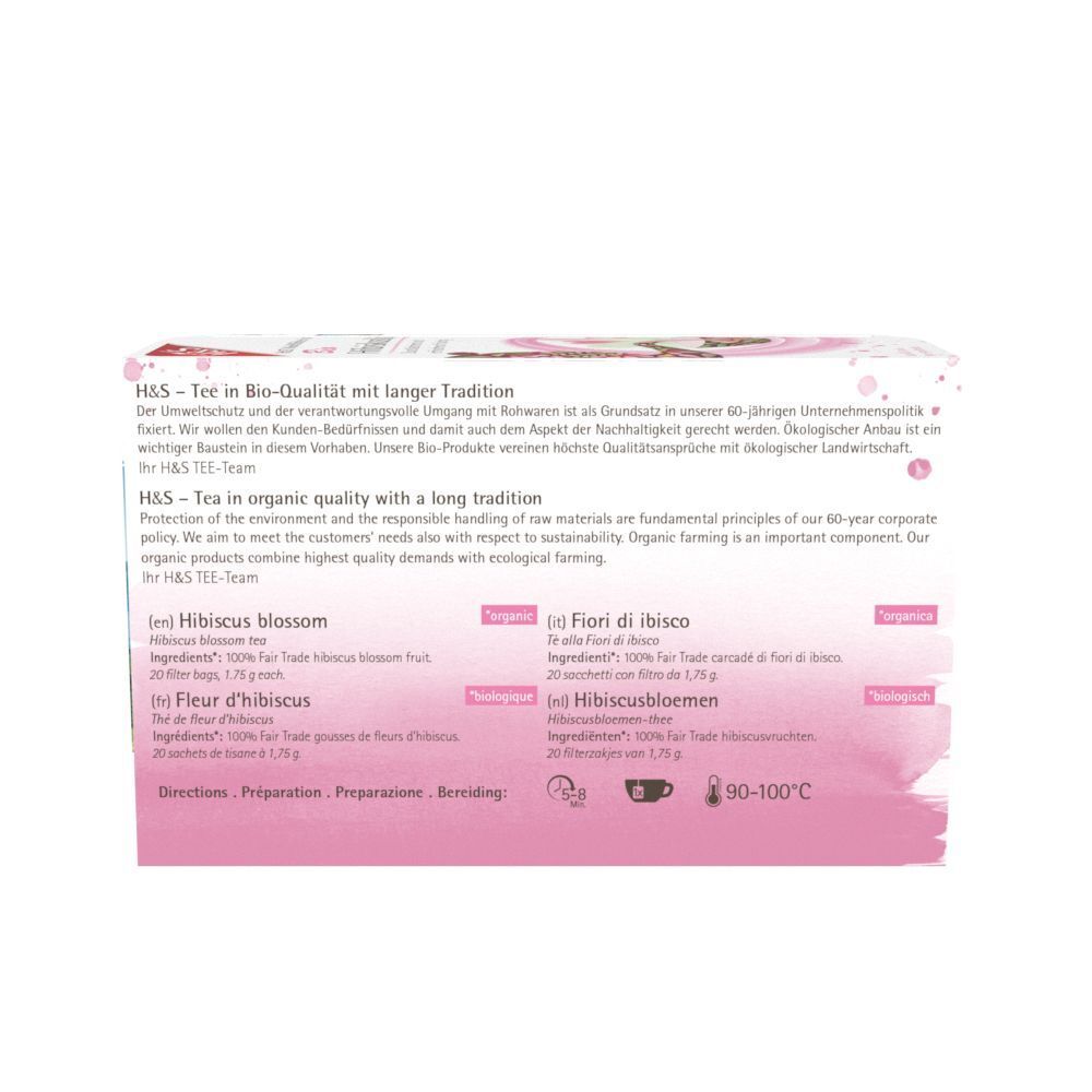 Rückseite der H&S Bio Hibiskusblüte Filterbeutel Packung. Text in Deutsch, Englisch, Französisch, Italienisch.