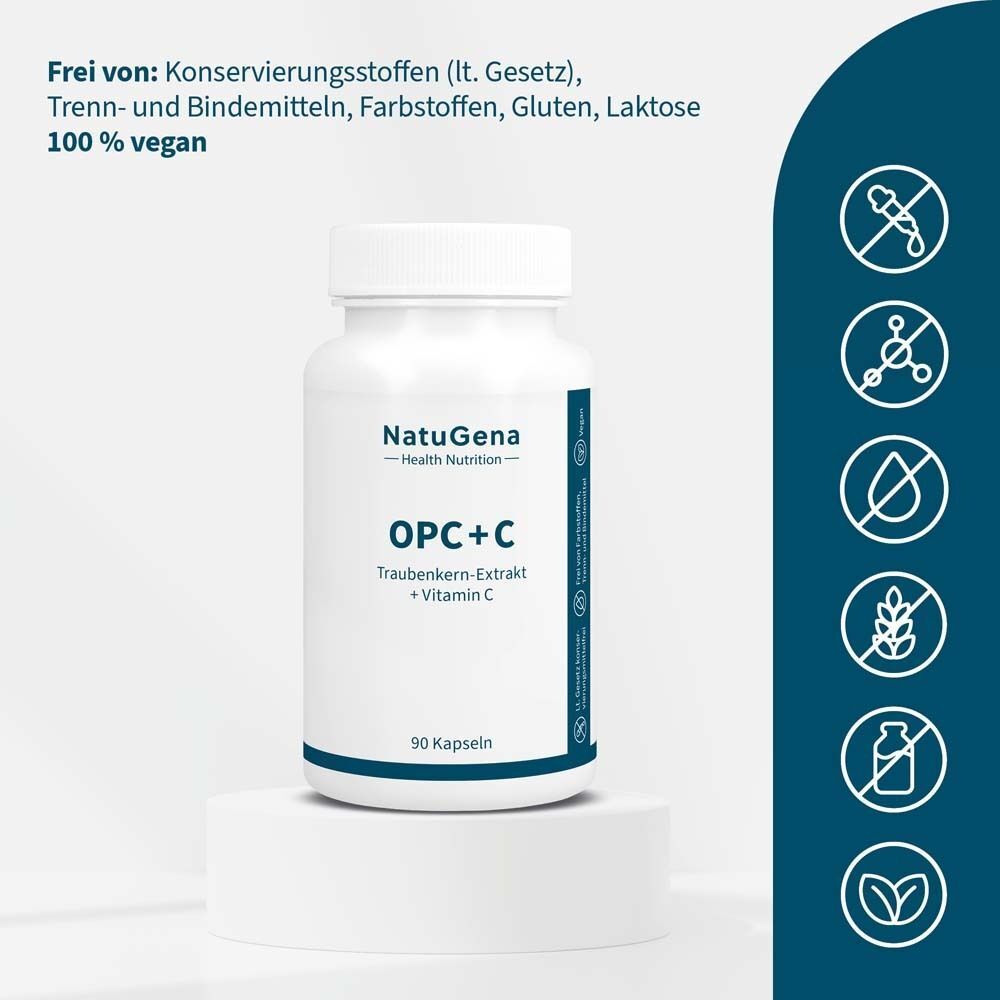 Weiße Flasche mit blauem Etikett. Aufschrift: OPC+C, Traubenkern-Extrakt + Vitamin-C. 90 Kapseln. Frei von Konservierungsstoffen, Gluten, Laktose. 100% vegan.