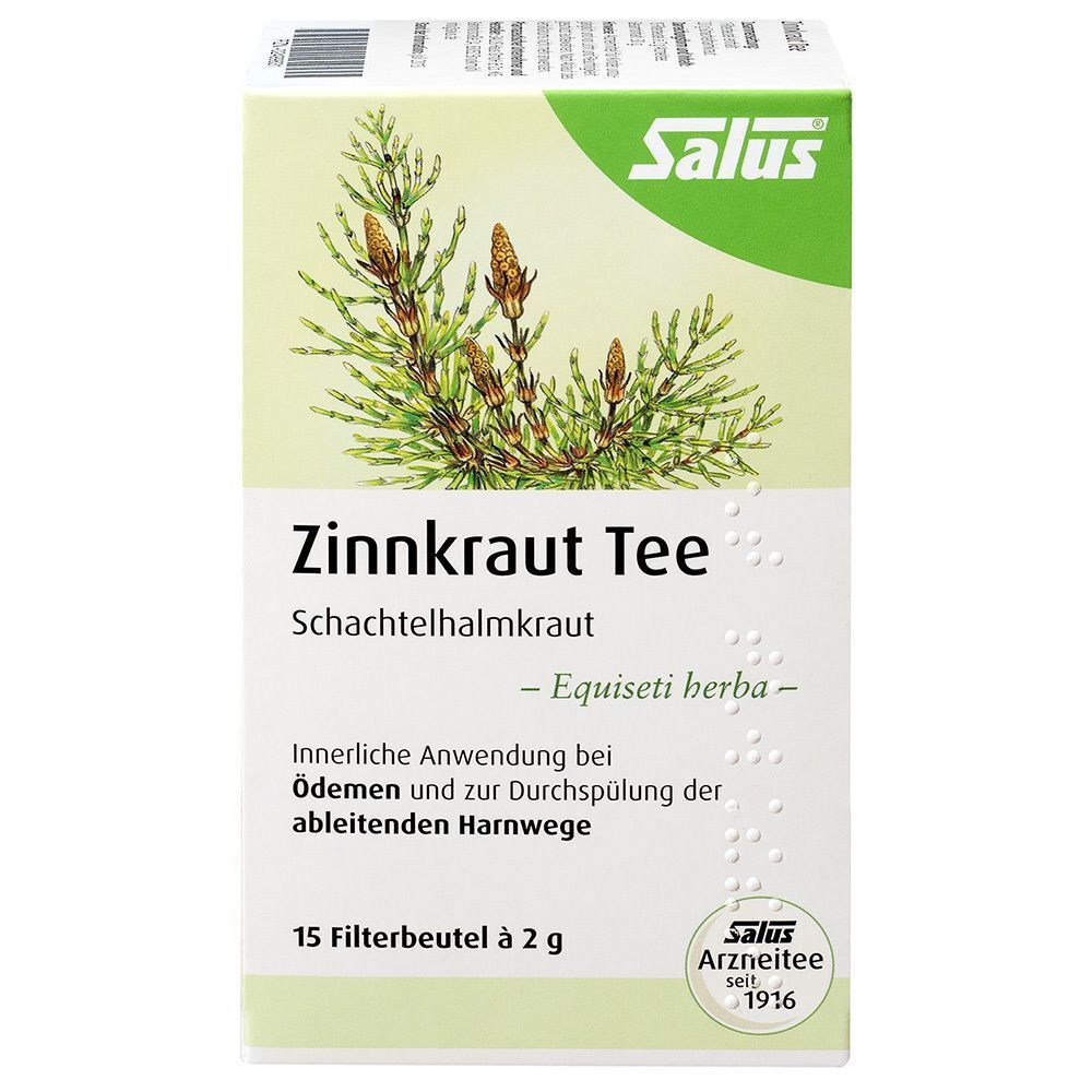 Vorderseite einer Packung Salus Zinnkraut Tee (Schachtelhalmkraut). Enthält 15 Filterbeutel à 2g. Abbildung von Schachtelhalm.