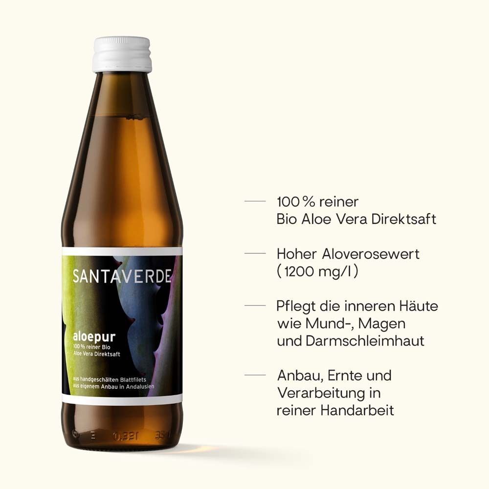 Glasflasche SANTAVERDE Aloe Vera Saft mit Textinformationen zu Inhaltsstoffen und Anbau.