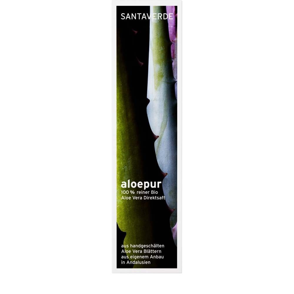 Etikett SANTAVERDE Aloe Vera Saft mit Aloe Vera Pflanze und Anbauinformationen.