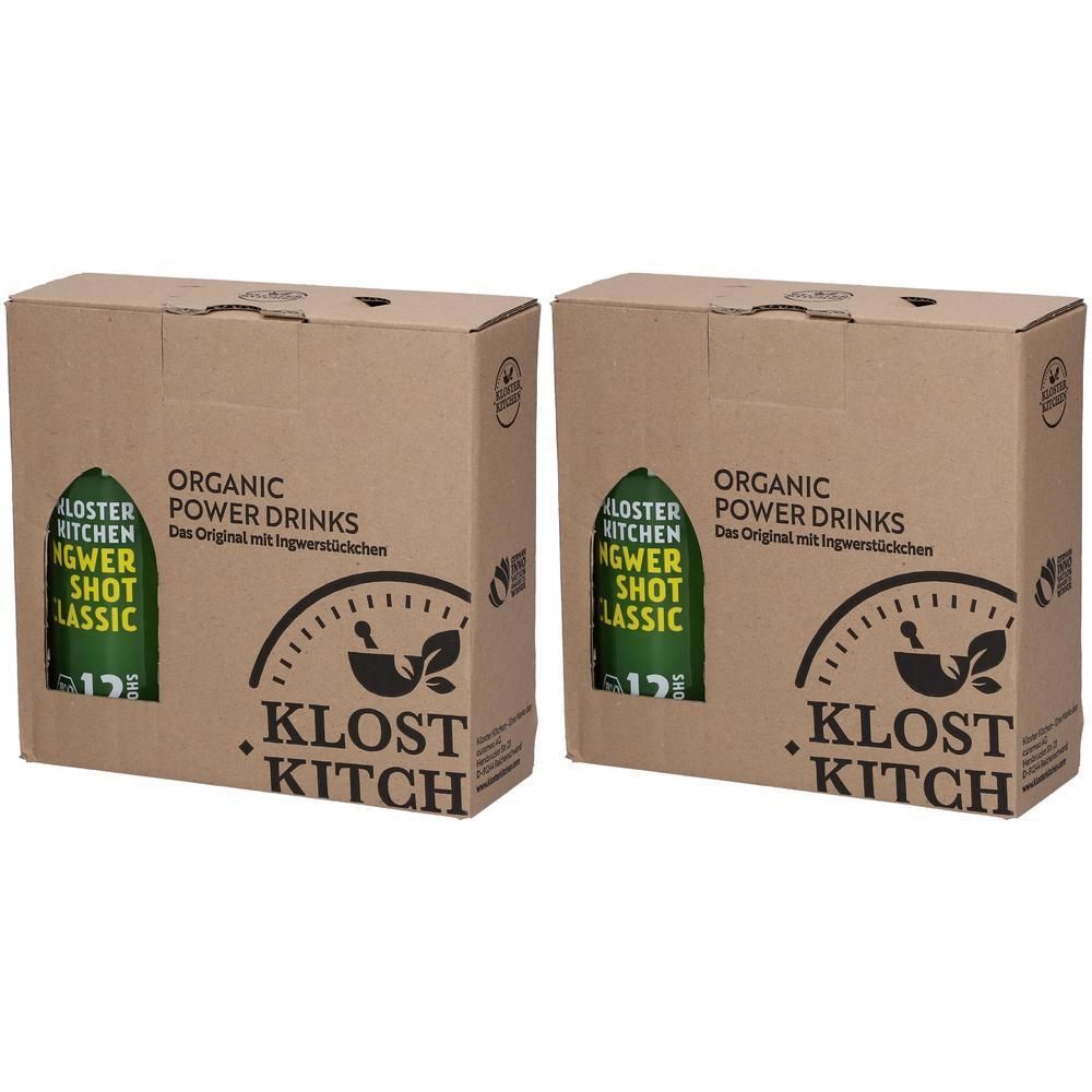 Zwei Kartons mit je einer grünen Flasche Kloster Kitchen Ingwer Shot Classic.