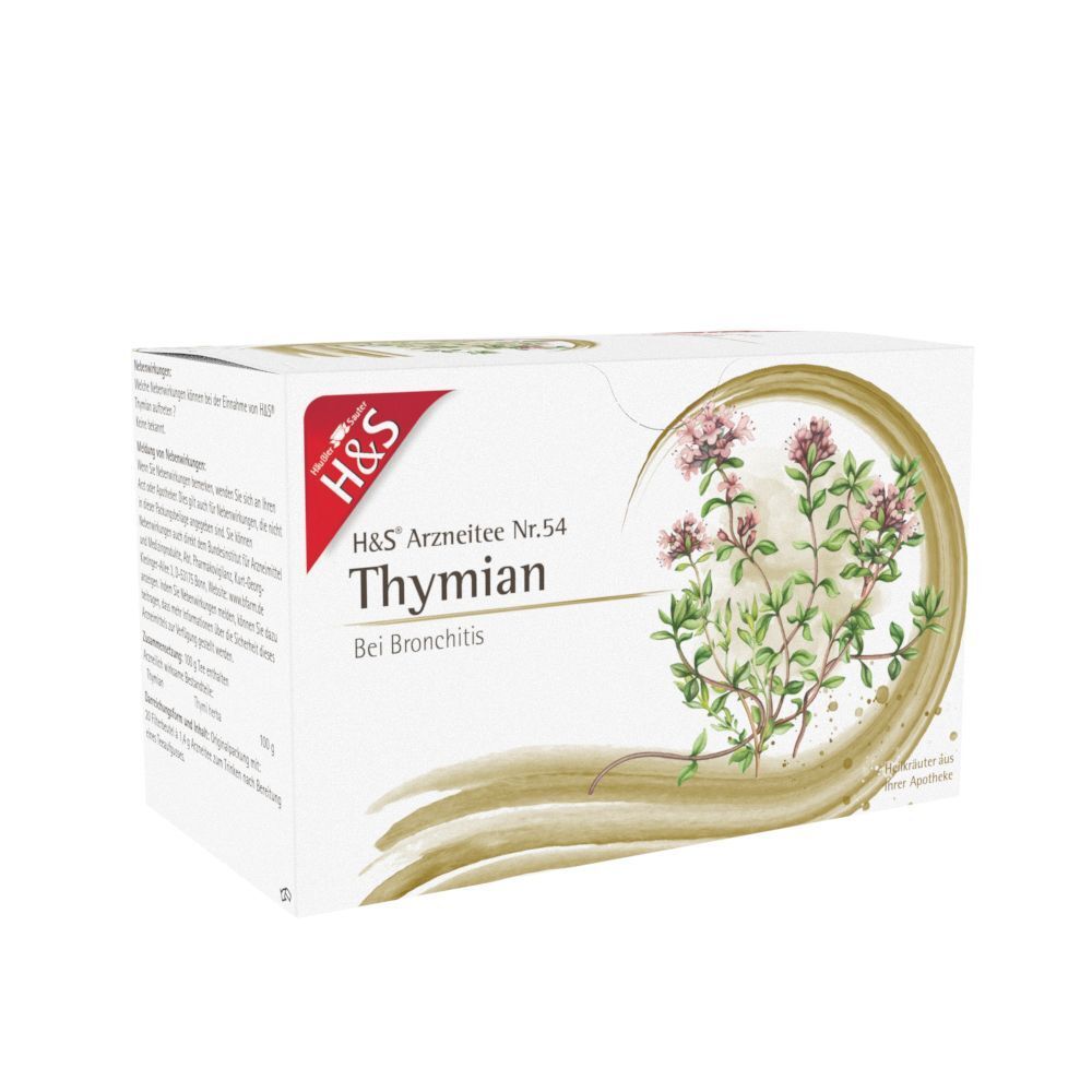 H&S Thymian Nr. 54 Kräutertee Packung mit detaillierter Beschreibung auf der Seite.