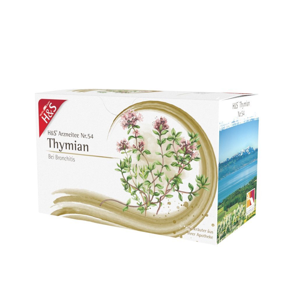 H&S Thymian Nr. 54 Kräutertee Packung mit Seitenansicht und kleiner Landschaftsabbildung.