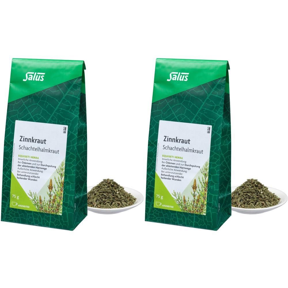 Zwei Packungen Salus Zinnkraut Tee, daneben jeweils eine kleine Schale mit getrocknetem Kraut.