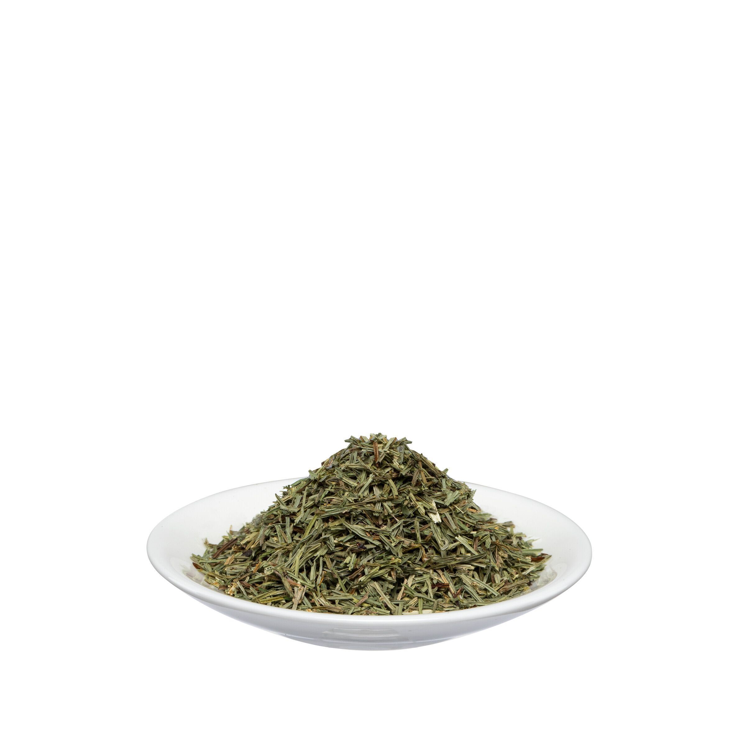 Ein kleiner weißer Teller mit einem Haufen getrocknetem Zinnkraut.