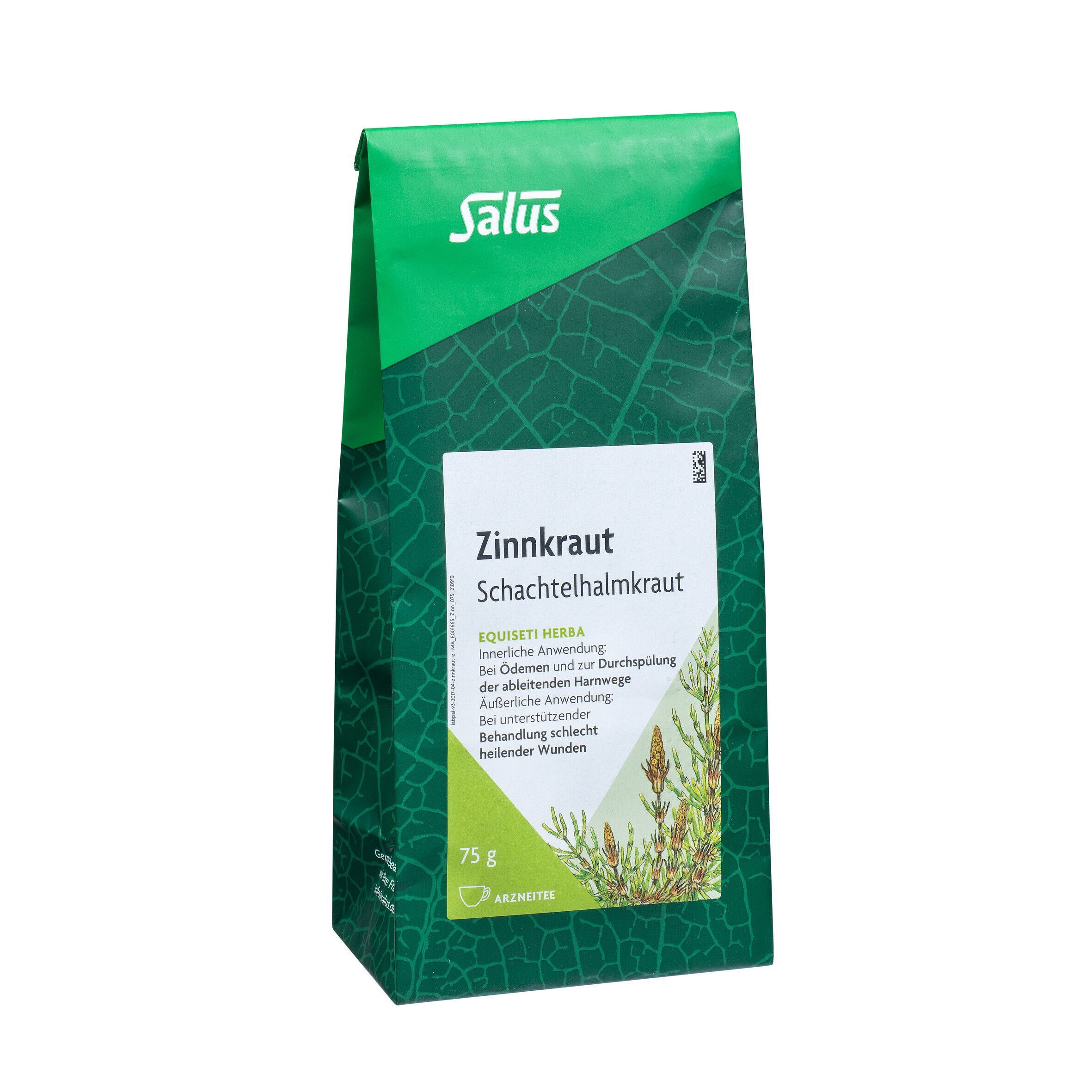 Eine grüne Packung Salus Zinnkraut Tee mit detaillierter Vorderseite und einem kleinen Kräuterbild.