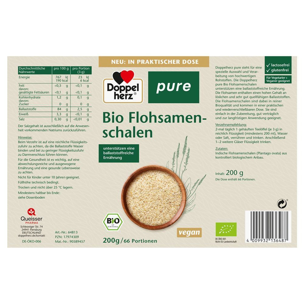 Verpackung Doppelherz Bio Flohsamenschalen, 200g. Enthält Nährwertangaben und Produktinformationen.