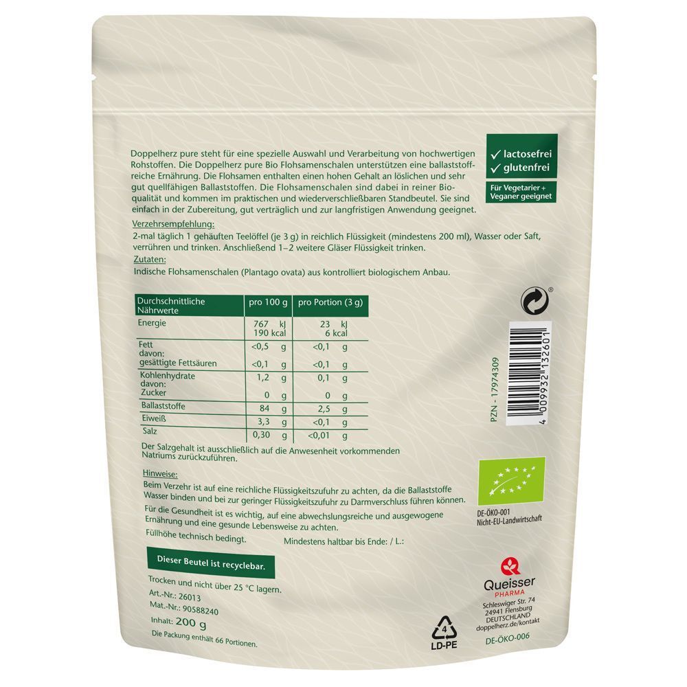 Rückseite der Verpackung Doppelherz Bio Flohsamenschalen, 200g. Zeigt Nährwerttabelle und Anwendungshinweise.
