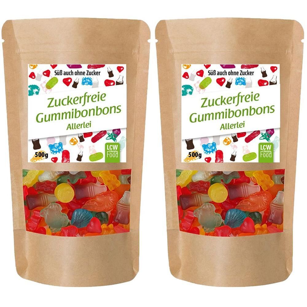 Zwei Beutel mit zuckerfreien Gummibonbons. Aufschrift: Zuckerfreie Gummibonbons, Allerlei. Sichtbares Fenster mit bunten Gummitieren.