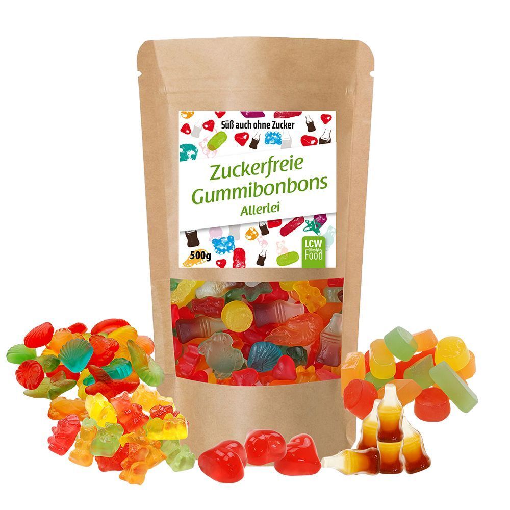 Beutel mit zuckerfreien Gummibonbons. Aufschrift: Zuckerfreie Gummibonbons, Allerlei. Sichtbares Fenster mit bunten Gummitieren. Einige Gummibärchen daneben.