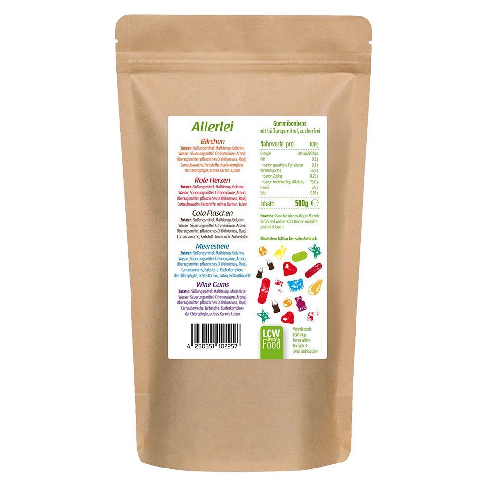 Rückseite eines Beutels mit zuckerfreien Gummibonbons. Aufschrift: Allerlei, Nährwertangaben, Zutatenliste. LCW Food Logo.