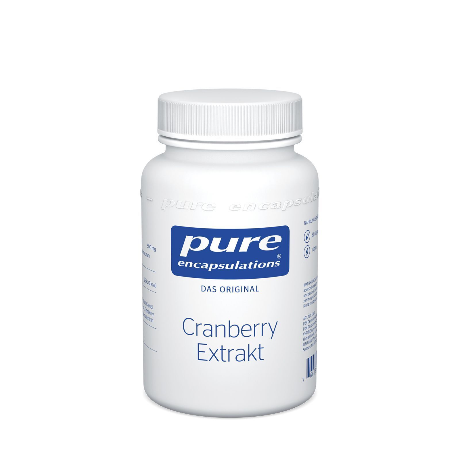 Weiße Flasche mit Schraubverschluss. Aufschrift: pure encapsulations, Cranberry Extrakt. Blaues Etikett.
