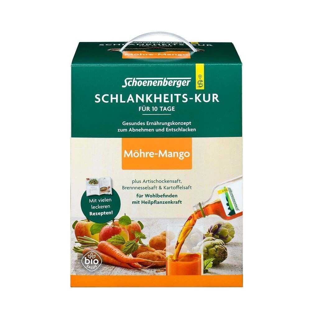Ein Karton Schoenenberger Schlankheits-Kur Möhre-Mango für 10 Tage, mit Abbildung von Karotten, Mango und Artischocken.
