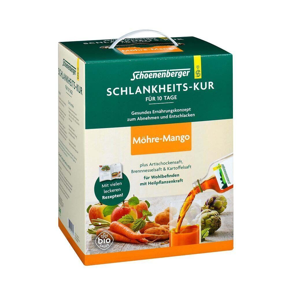 Ein Karton Schoenenberger Schlankheits-Kur Möhre-Mango für 10 Tage, mit Abbildung von Karotten, Mango und Artischocken.
