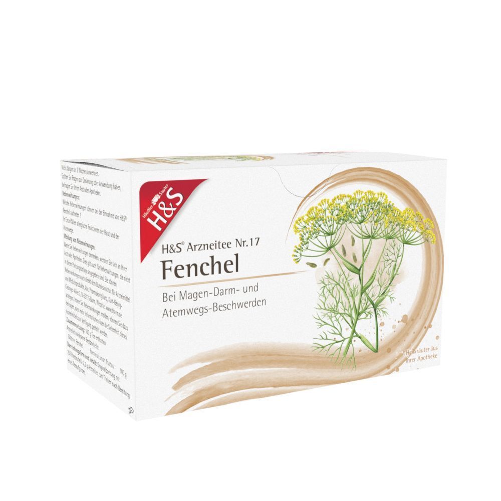 Eine Packung H&S Fencheltee Nr. 17 mit Fenchelkraut-Illustration.