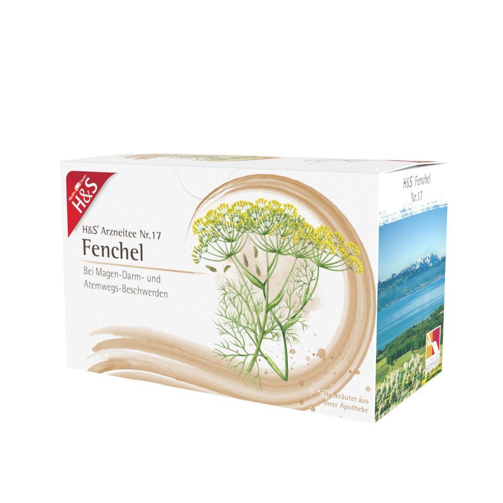 Eine Packung H&S Fencheltee Nr. 17 mit Fenchel-Illustration und Landschaftsbild.