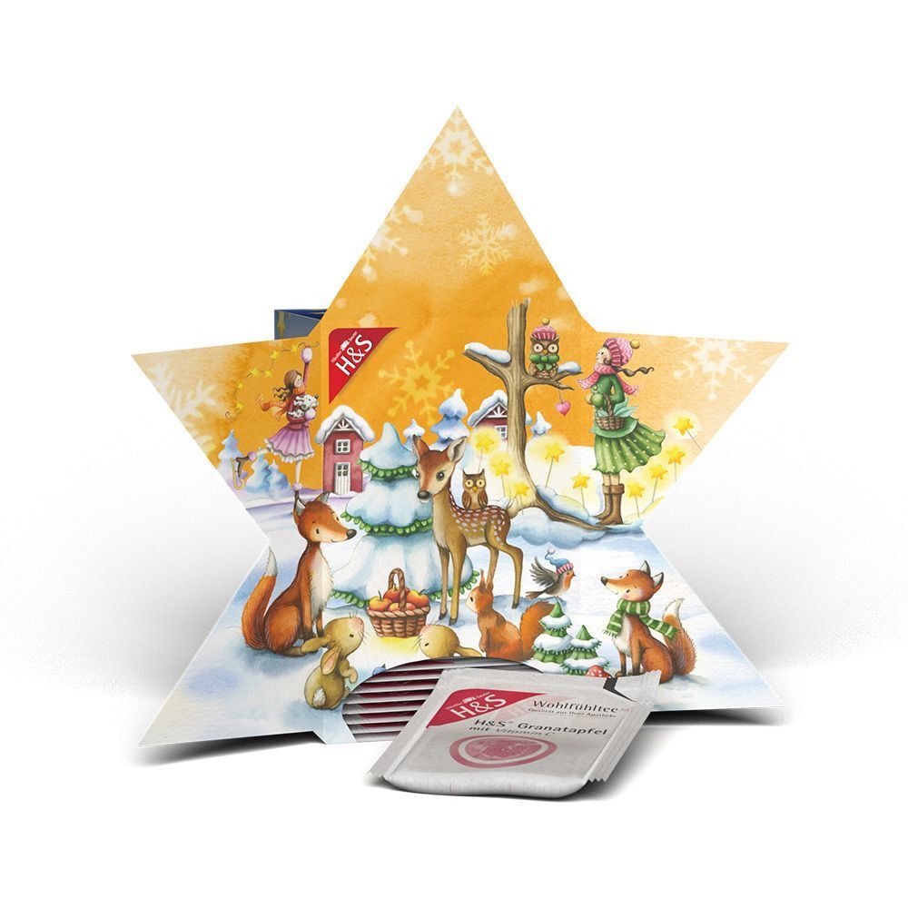 Sternförmiger Adventskalender, geöffnet. Winterlandschaft mit Fuchs, Reh, Hase. Unten: einzelner Teebeutel mit H&S Logo.