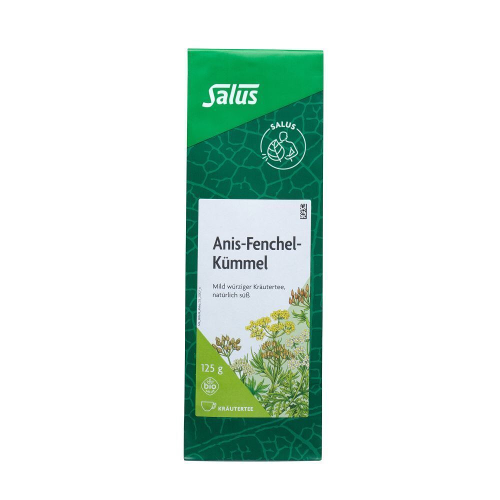 Grüner Beutel mit "Salus Anis-Fenchel-Kümmel" Aufschrift. Kräuterabbildung und Bio-Siegel.