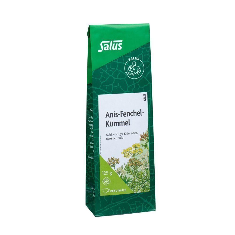 Grüner Beutel mit "Salus Anis-Fenchel-Kümmel" Aufschrift. Kräuterabbildung und Bio-Siegel.