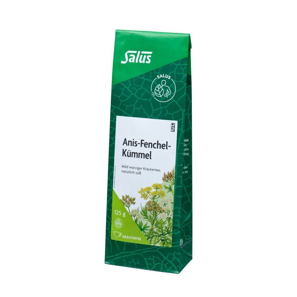 Grüner Beutel mit "Salus Anis-Fenchel-Kümmel" Aufschrift. Kräuterabbildung und Bio-Siegel.
