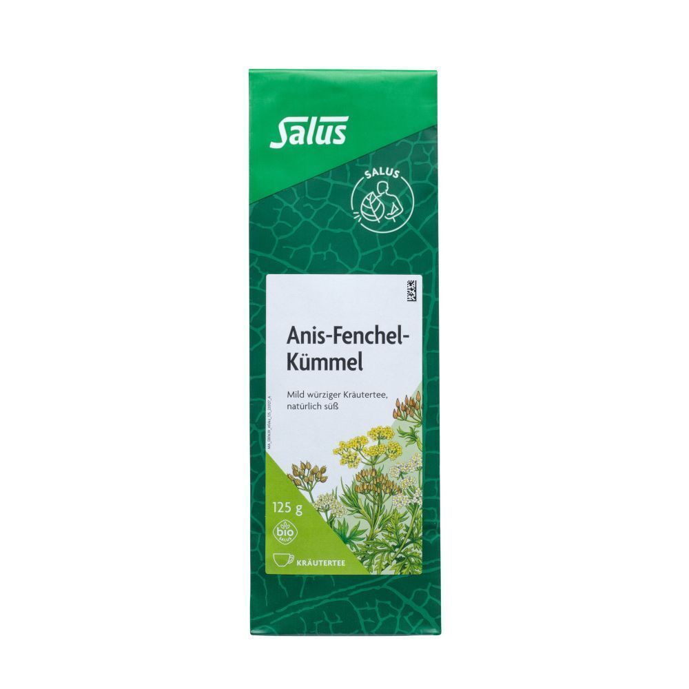 Grüner Beutel mit "Salus Anis-Fenchel-Kümmel" Aufschrift. Kräuterabbildung und Bio-Siegel.