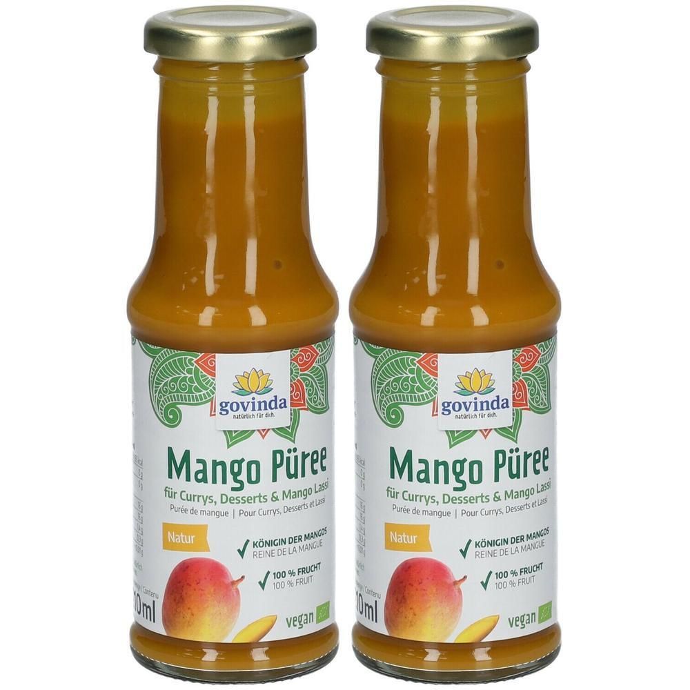 Zwei Glasflaschen mit Mango Püree. Aufschrift: govinda, Mango Püree, Natur, vegan. Abbildung einer Mango.