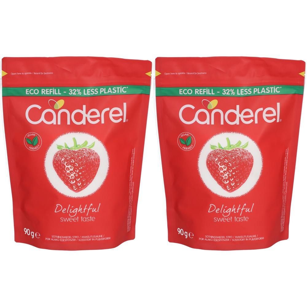 Zwei rote Beutel mit Canderel-Logo und Erdbeer-Illustration. Text: "Delightful sweet taste" und "90ge".