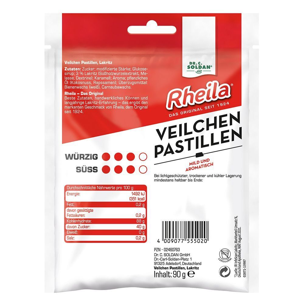 Rückseite der RHEILA Veilchen Pastillen Verpackung. Enthält Produktinformationen und Nährwertangaben. Weißer Beutel.